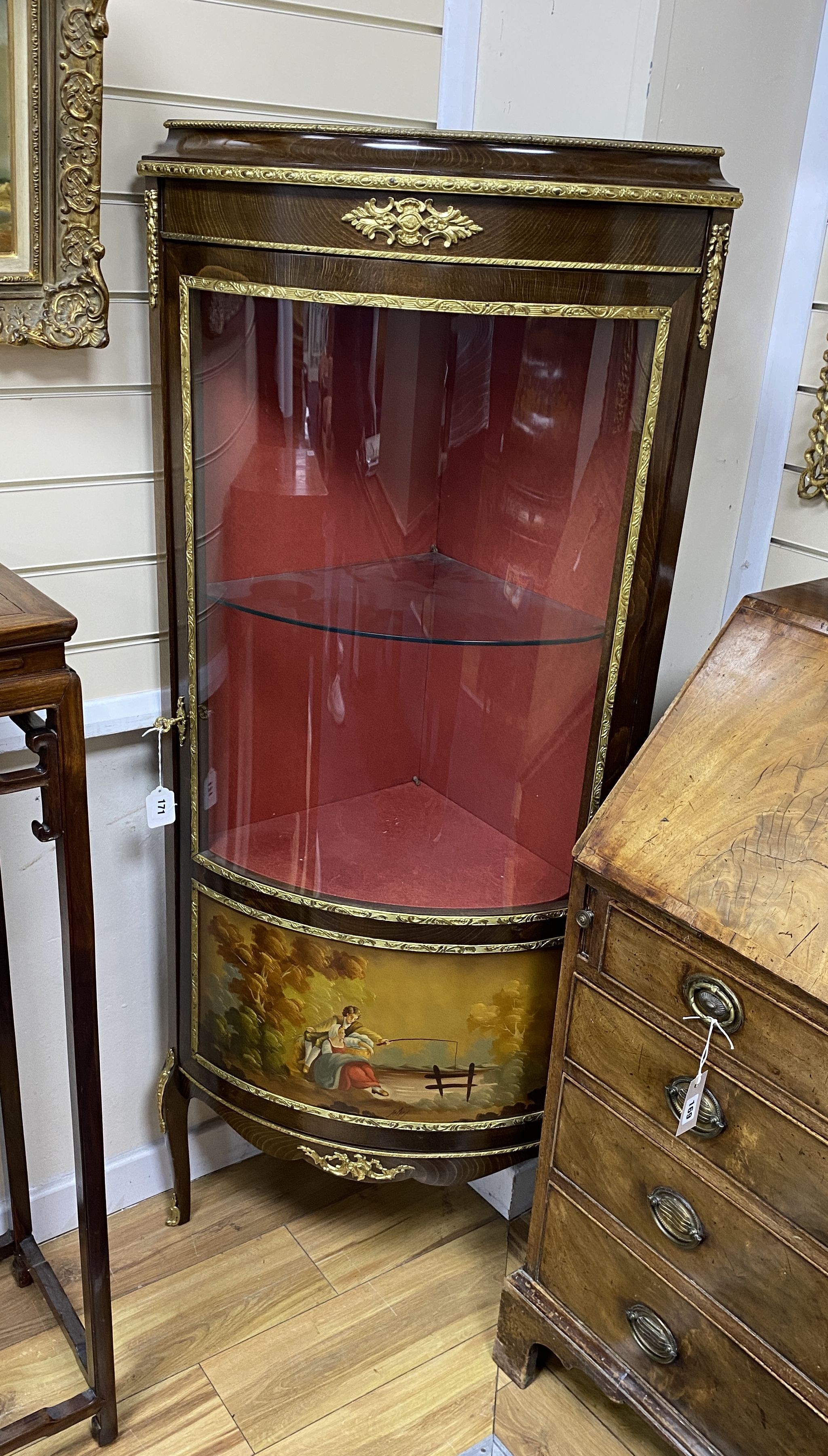 A reproduction gilt metal mounted Vernis Martin style bow front corner cabinet, width 60cm, depth 44cm, height 152cm